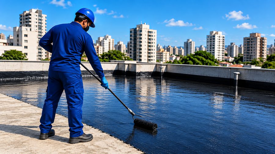 Profissional da Start aplicando impermeabilização em laje