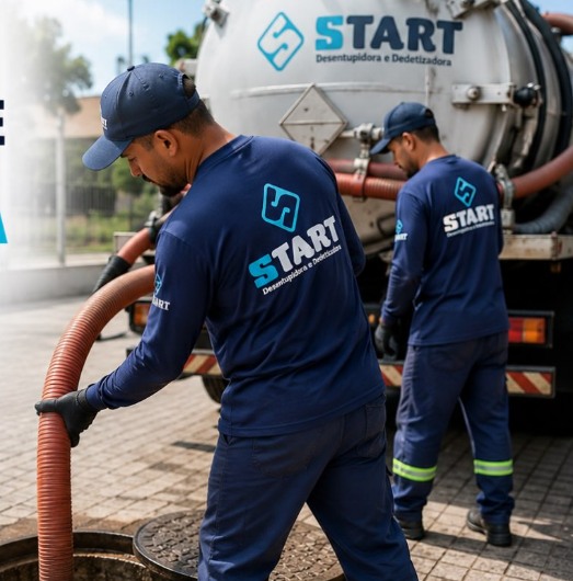 Equipe da Start realizando limpeza de fossa com caminhão e mangueira de sucção